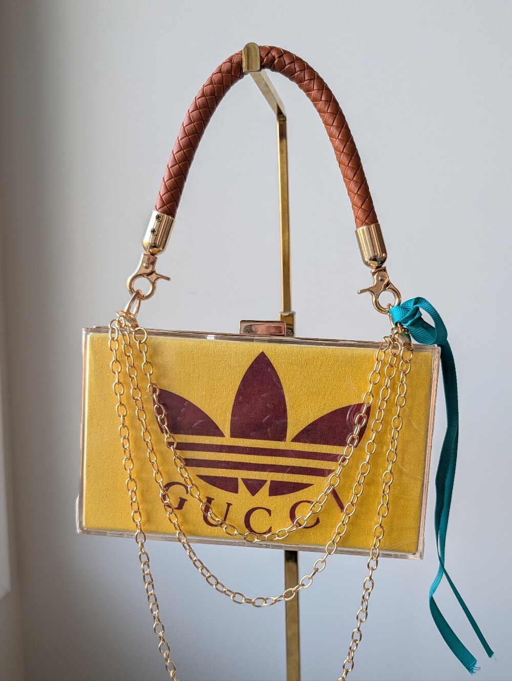 Upcycled Gucci X Adidas Yellow Box Clutch with Burgundy Logo and Teal Ribbon - Picture 7 of 10
